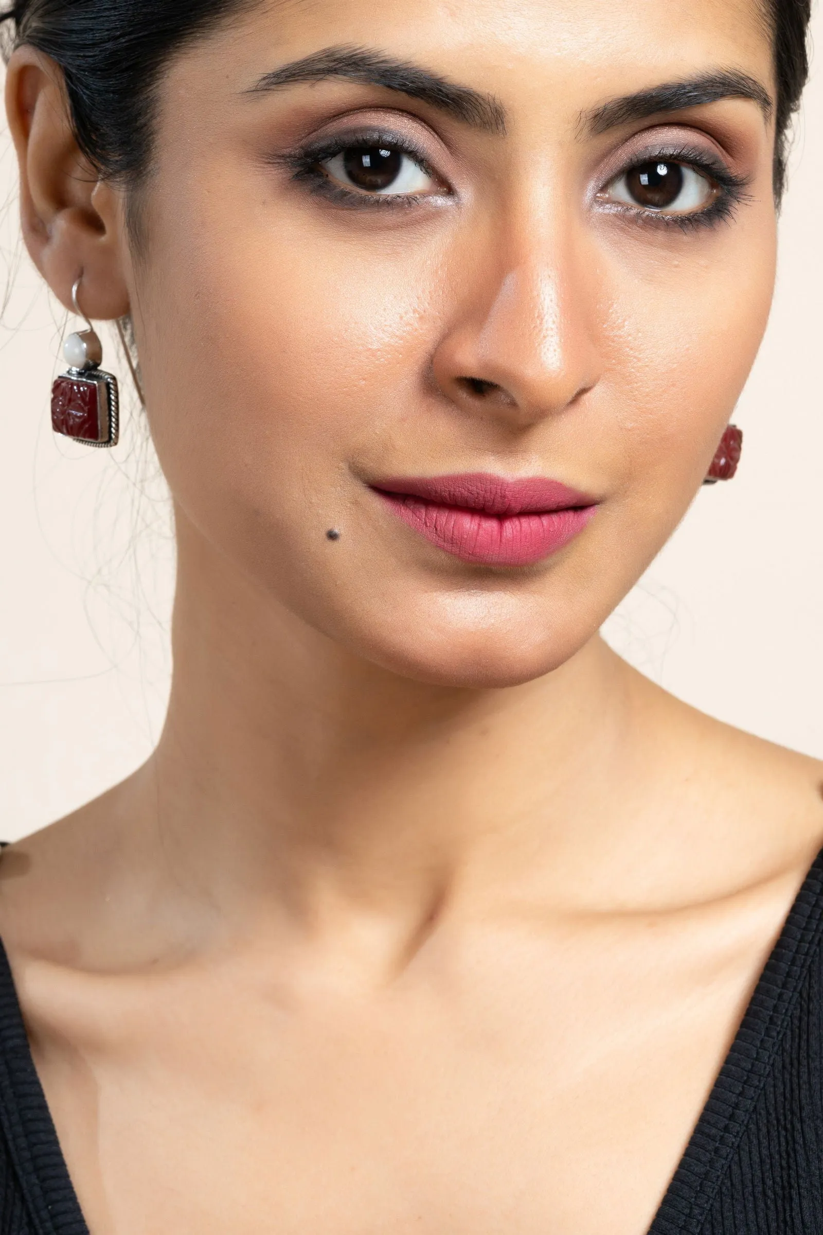 White and Red Carved Stone Oxidised Silver Earrings - Elegant, Non-Allergic Design for Any Occasion