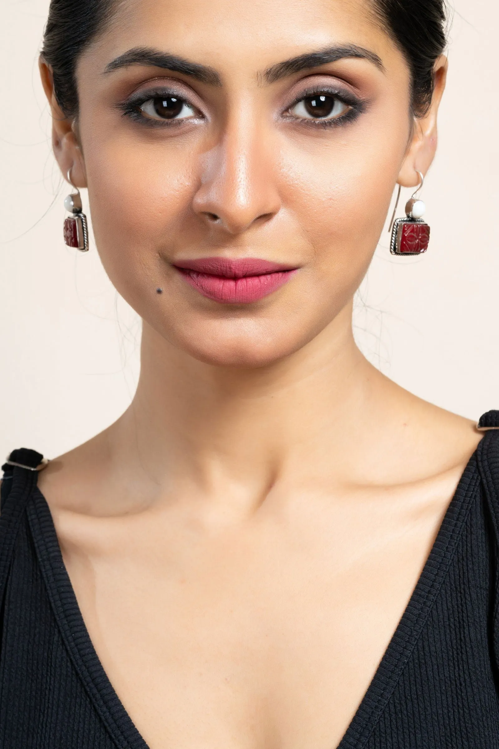 White and Red Carved Stone Oxidised Silver Earrings - Elegant, Non-Allergic Design for Any Occasion