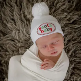 White Santa Baby Patch Pom Pom Newborn Hospital Hat - Baby Christmas Hat