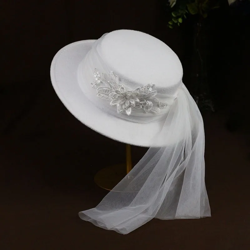 White Yarn Lace Flower Bridal Wedding Hat Ladies Elegant Church Veil Hat