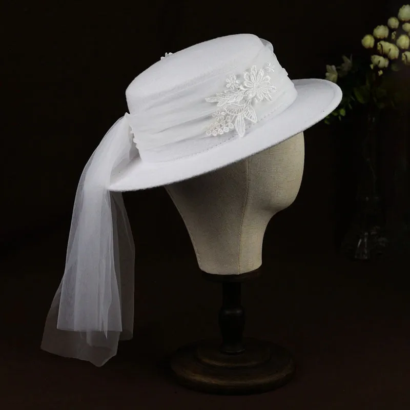 White Yarn Lace Flower Bridal Wedding Hat Ladies Elegant Church Veil Hat