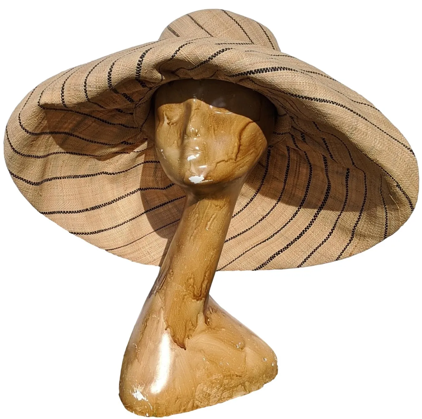 Wide Brim Raffia Straw Hat | Natural With Black Stripes | 7 Inches Brim