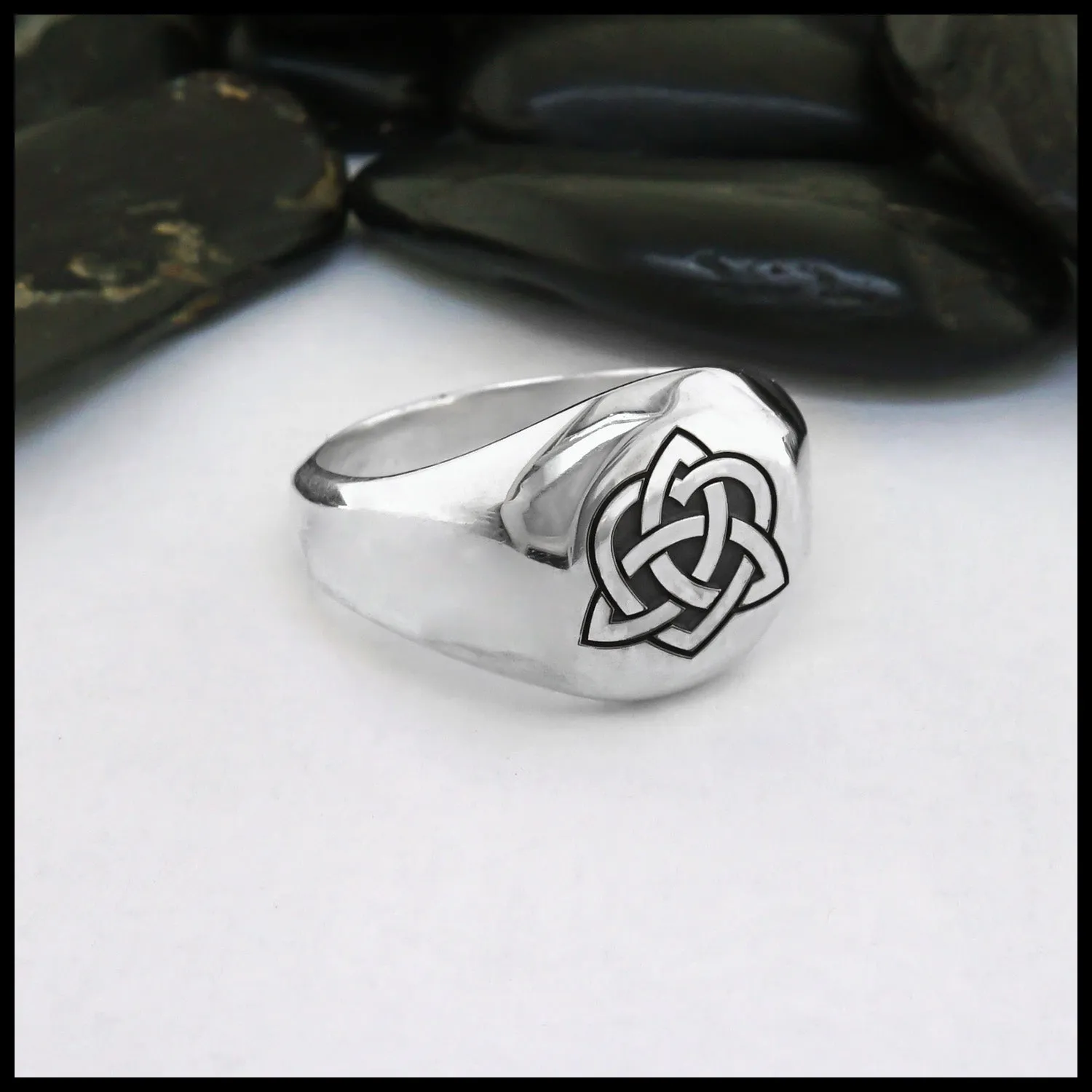 Wide Celtic Trinity Knot Heart Signet Ring