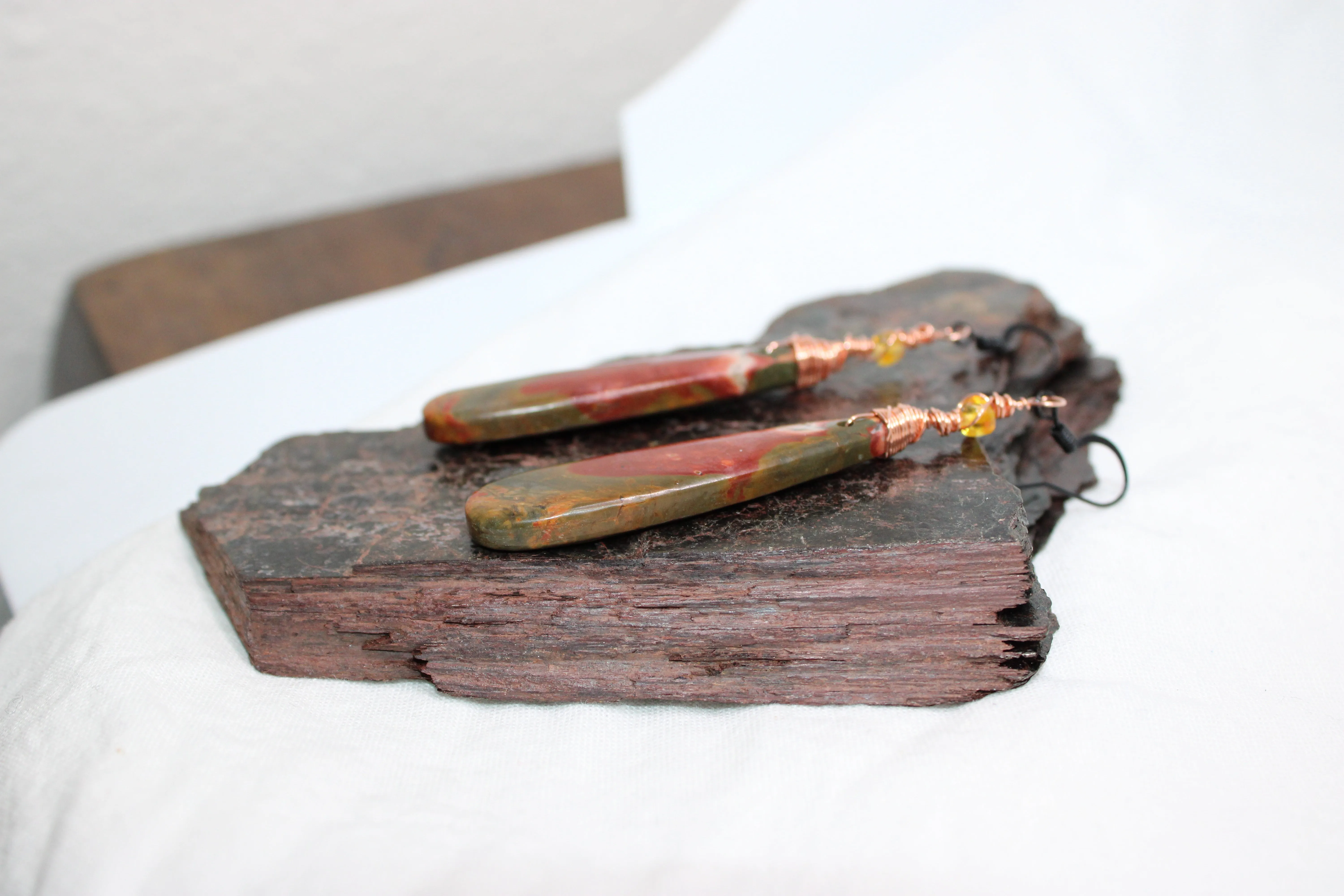 Wire Wrap Copper and Amber Earrings