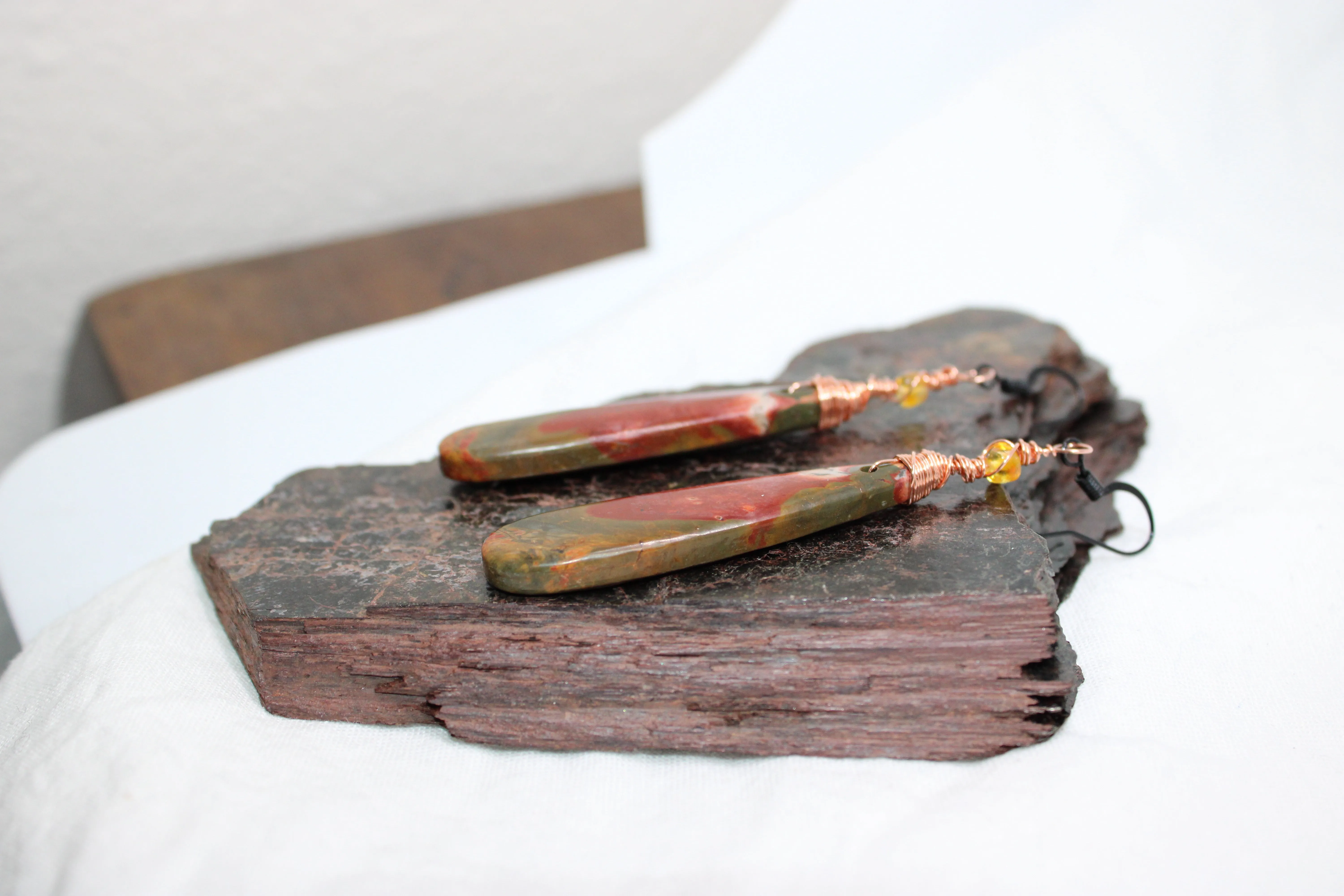 Wire Wrap Copper and Amber Earrings