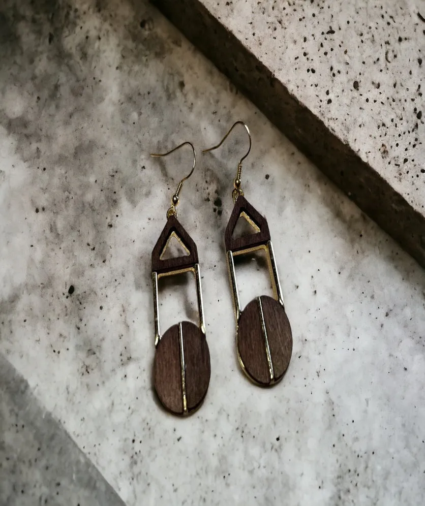 Wood Geometry Drop Earrings Statement Vintage Bohemian