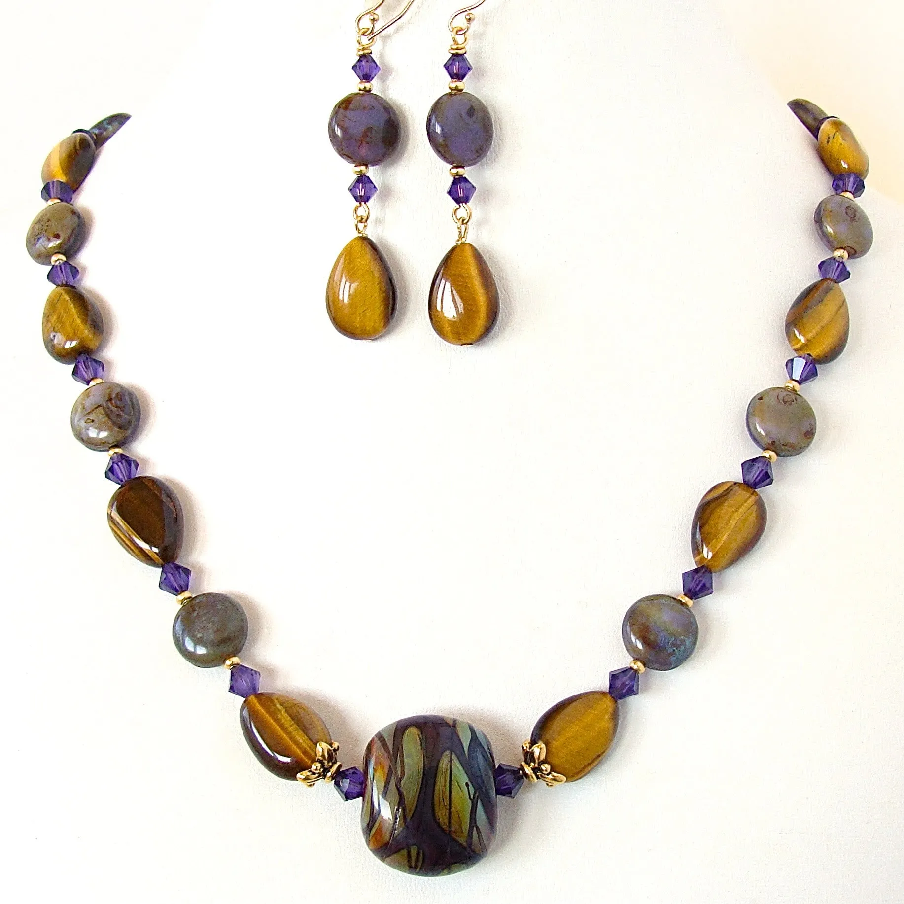 Yvonne: Art Glass Necklace with Tigers Eye Gemstones